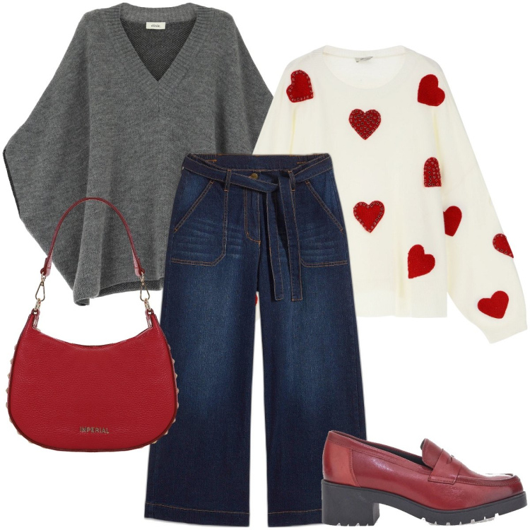 Outfit donna - I cuori rossi. Stile Romantica per Tutti i giorni. Abbinamento con jeans, borse a spalla, cappotti, maglieria, mocassini.