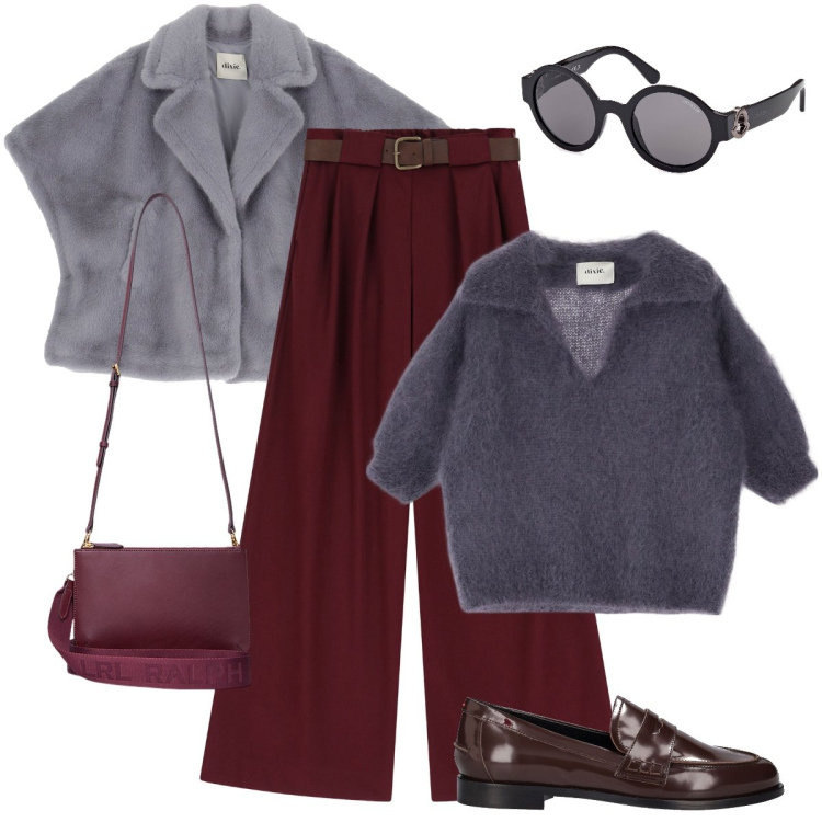 Outfit donna - Esco con il pellicciotto. Stile Trendy per Tutti i giorni. Abbinamento con pantaloni a palazzo, maglieria, blazer, borse a tracolla, mocassini, occhiali da sole.