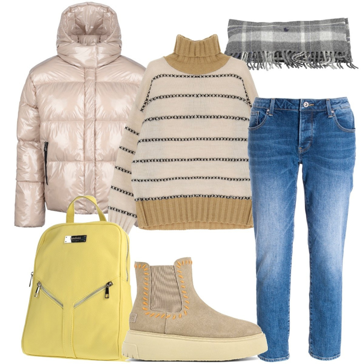 Outfit donna - Col freddo. Stile Casual per Tutti i giorni. Abbinamento con zaini, jeans, maglieria, blazer, stivaletti, sciarpe.