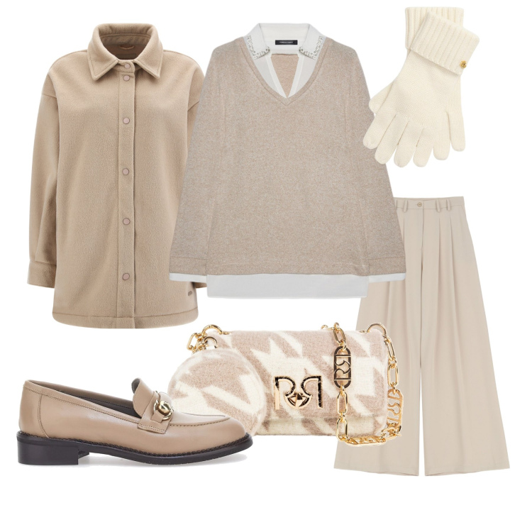 Outfit donna - Total look #2001103. Stile Bon Ton per Tutti i giorni. Abbinamento con pantaloni, borse a tracolla, cappotti, guanti, mocassini, maglieria.