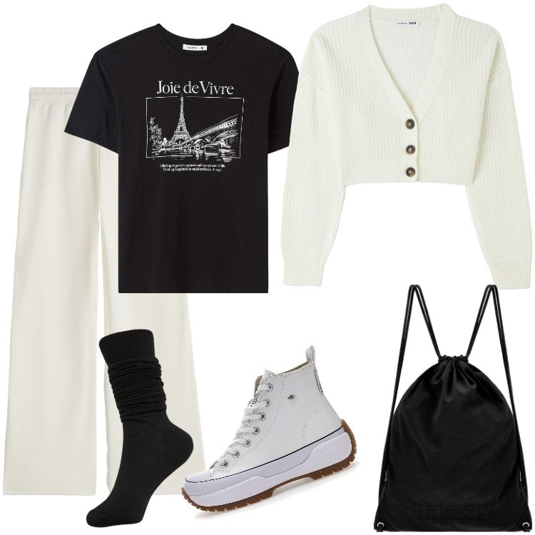 Outfit donna - Total look #2001107. Stile Trendy per Tutti i giorni. Abbinamento con t-shirt, cardigans, calzini, pantaloni a palazzo, zaini, sneakers.