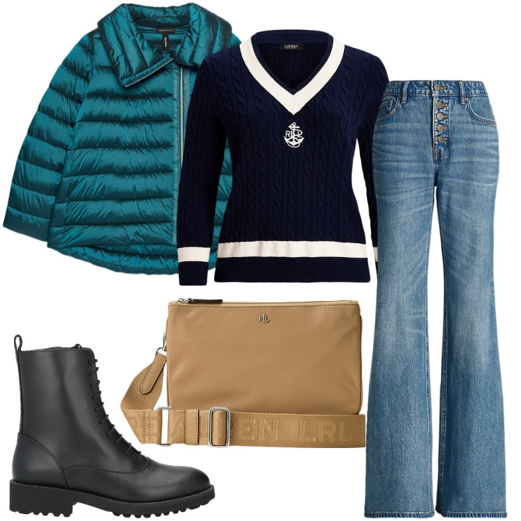 Outfit donna - Il piumino verde petrolio. Stile Casual per Tutti i giorni. Abbinamento con stivaletti, borse a tracolla, maglieria, jeans, piumini.