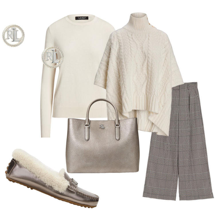 Outfit donna - I mocassini caldi. Stile Casual chic per Tutti i giorni. Abbinamento con pantaloni, maglieria, orecchini, mocassini, cappotti, borse a mano.