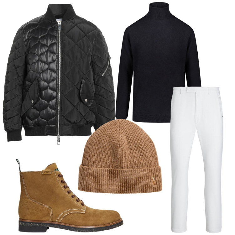 Outfit uomo - Il piumino trendy. Stile Trendy per Serata speciale. Abbinamento con piumini, berretti, pantaloni, stivali, maglieria.