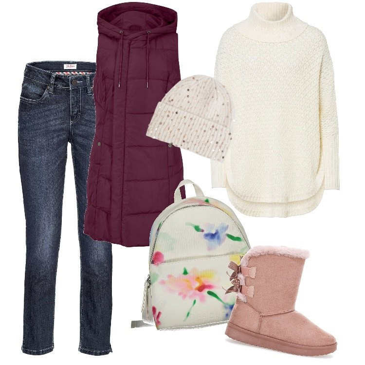 Outfit donna - Total look #2001118. Stile Boho per Tutti i giorni. Abbinamento con jeans, maglieria, gilet, berretti, stivaletti, zaini.