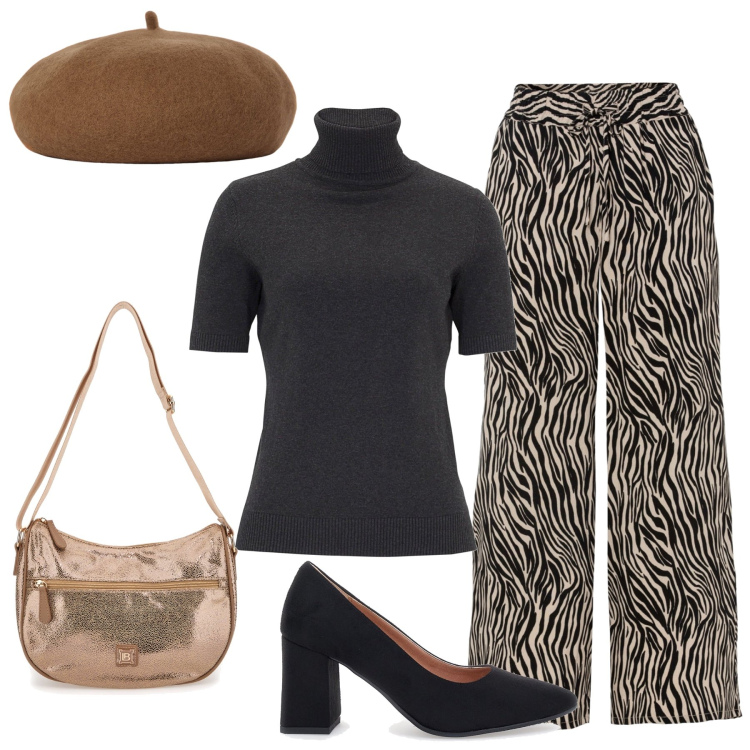 Outfit donna - Il berretto marrone. Stile Casual chic per Tutti i giorni. Abbinamento con pantaloni culotte, maglieria, décolleté, cappelli e berretti, borse a tracolla.