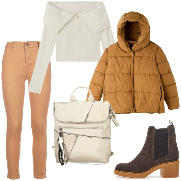 Outfit donna - Total look #2001135. Stile Casual per Tutti i giorni. Abbinamento con piumini, cardigans, pantaloni, stivaletti, zaini.