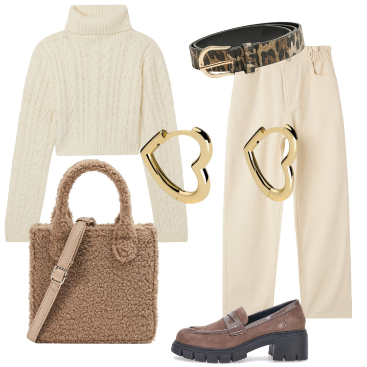 Outfit donna - Mocassini con tacco. Stile Casual per Tutti i giorni. Abbinamento con pantaloni, shopping bag, maglieria, cinture, orecchini, mocassini.