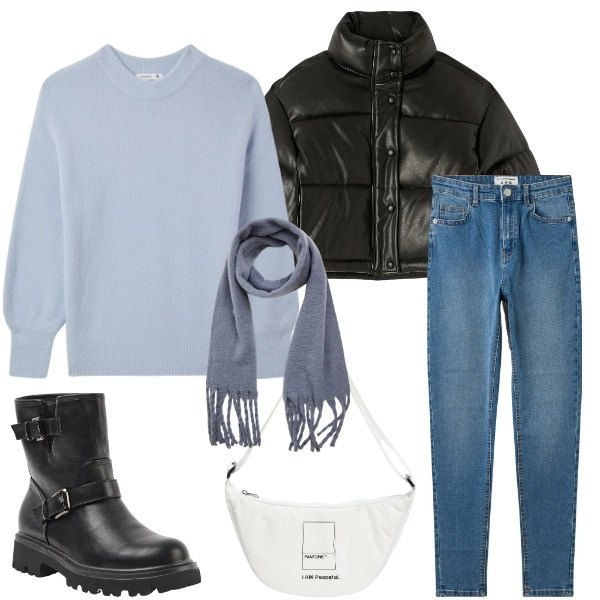 Outfit donna - Casual Terranova. Stile Casual per Tutti i giorni. Abbinamento con marsupi, jeans skinny, maglieria, piumini, stivaletti, sciarpe.