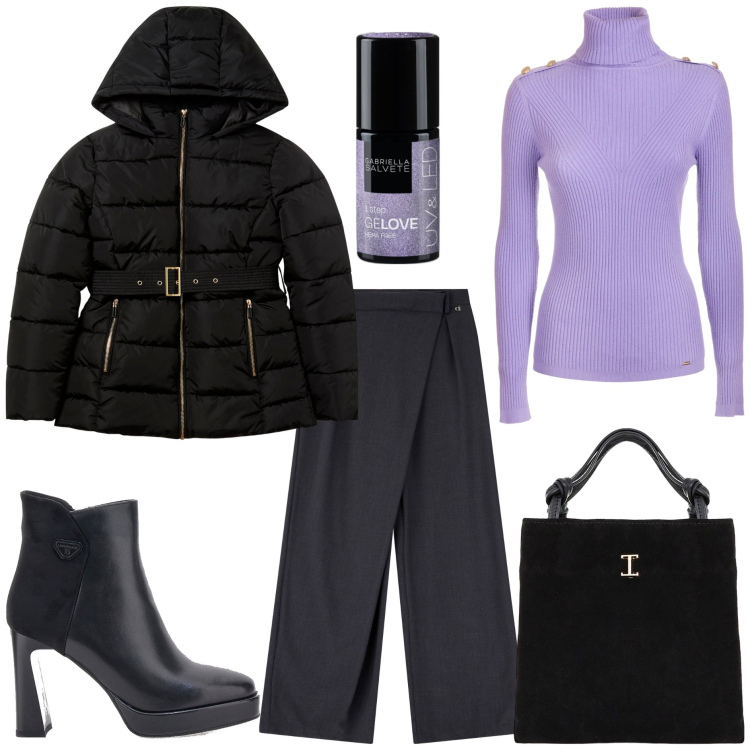 Outfit donna - Purple&Black. Stile Minimal per Tutti i giorni. Abbinamento con smalti, blazer, maglieria, shopping bag, pantaloni, stivaletti.