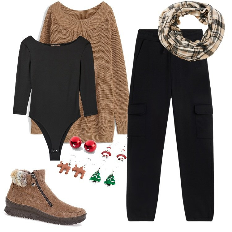 Outfit donna - Total look #2001162. Stile Basic per Tutti i giorni. Abbinamento con maglieria, orecchini, body, sciarpe, pantaloni cargo, stivaletti.