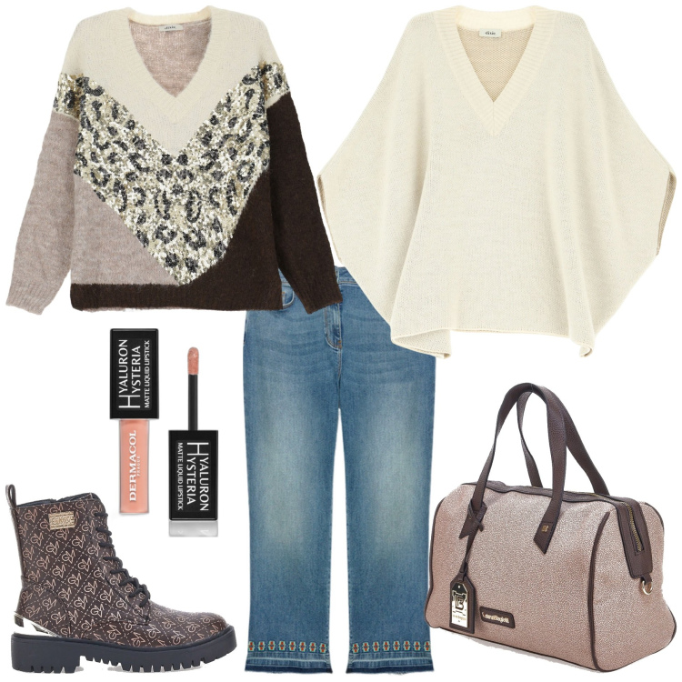 Outfit donna - Black Month trendy. Stile Trendy per Tutti i giorni. Abbinamento con rossetti, maglieria, cappotti, anfibi, borse a mano, jeans.