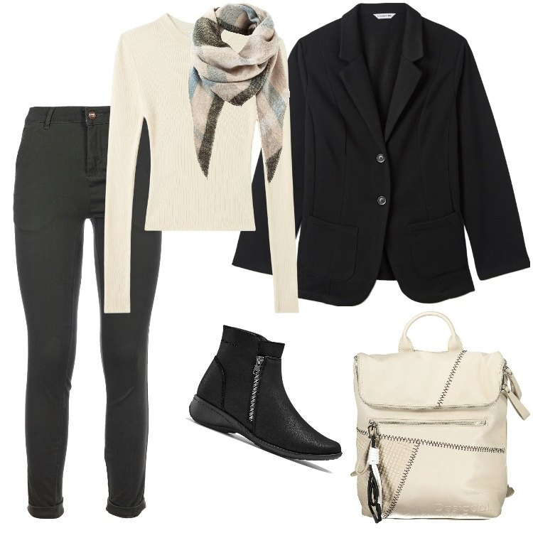 Outfit donna - Total look #2001171. Stile Boho per Ufficio. Abbinamento con sciarpe, stivaletti, blazer, maglieria, pantaloni, zaini.