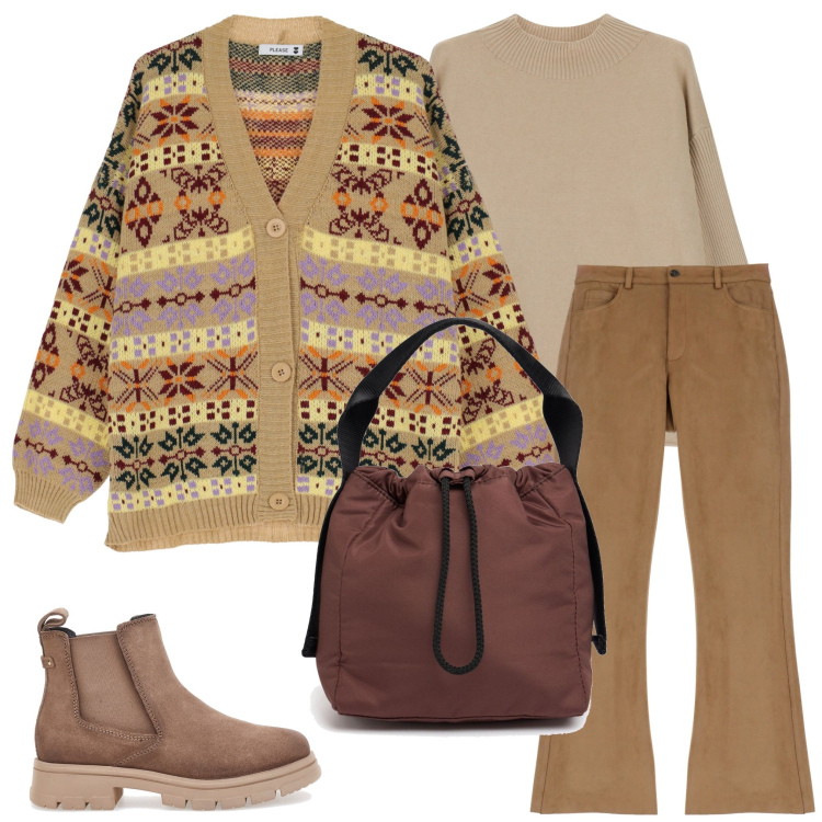 Outfit donna - In città. Stile Casual per Scuola/Università. Abbinamento con pantaloni, maglieria, cardigans, stivaletti chelsea, pochette.