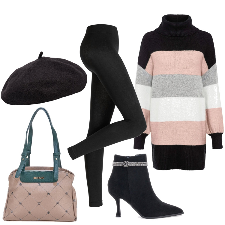 Outfit donna - Il maglione lungo a righe a colori. Stile Casual chic per Tutti i giorni. Abbinamento con maglieria, leggings, stivaletti, cappelli e berretti, borse a spalla.