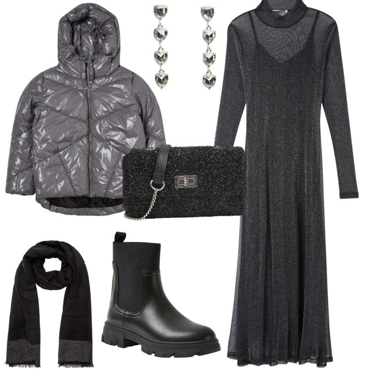 Outfit donna - Total look #2001178. Stile Minimal per Serata fuori. Abbinamento con orecchini, borse a tracolla, vestiti lunghi, blazer, stivaletti chelsea, sciarpe.