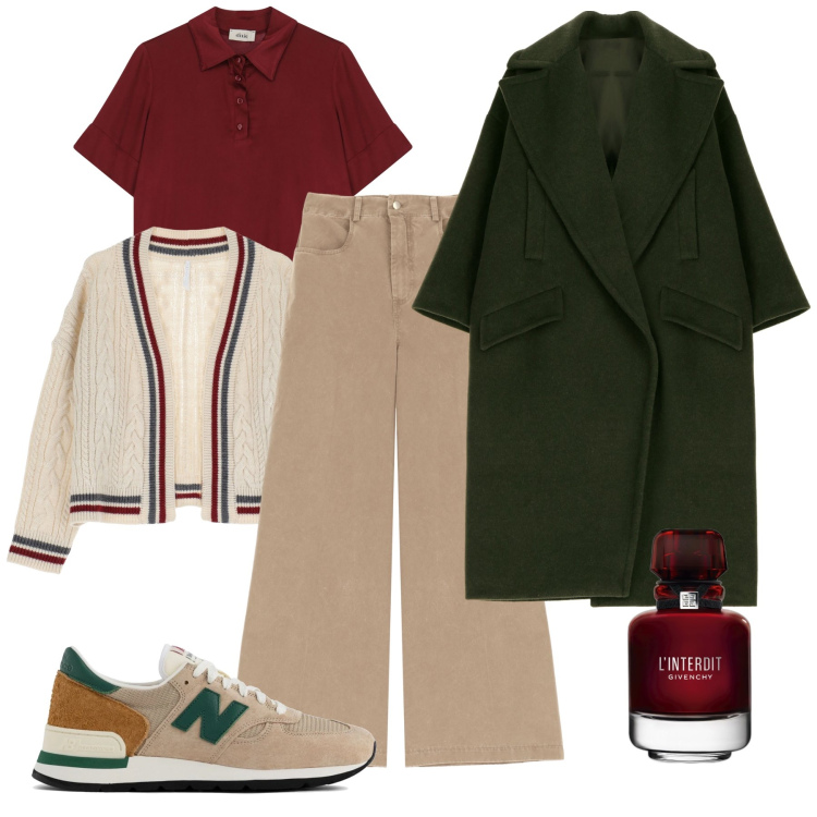 Outfit donna - Il cappotto oversize. Stile Trendy per Tutti i giorni. Abbinamento con profumi, sneakers, cappotti, cardigans, pantaloni, top.