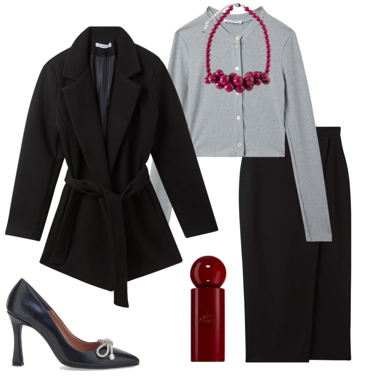 Outfit donna - Serata fuori. Stile Casual chic per Serata fuori. Abbinamento con profumi, gonne longuette, cardigans, cappotti, décolleté, collane.