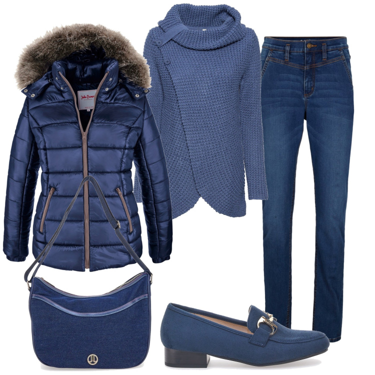 Outfit donna - Total blu. Stile Casual per Ufficio. Abbinamento con piumini, maglieria, jeans skinny, mocassini, borse a tracolla.