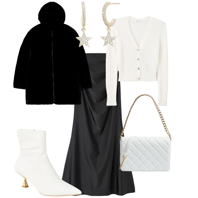 Outfit donna - Total look #2001184. Stile Romantica per Serata fuori. Abbinamento con gonne lunghe, stivaletti, ecopellicce, cardigans, borse a tracolla, orecchini.