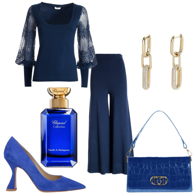 Outfit donna - Elegante per il matrimonio. Stile Chic per Cerimonia. Abbinamento con décolleté, profumi, orecchini, borse a tracolla, pantaloni, maglieria.