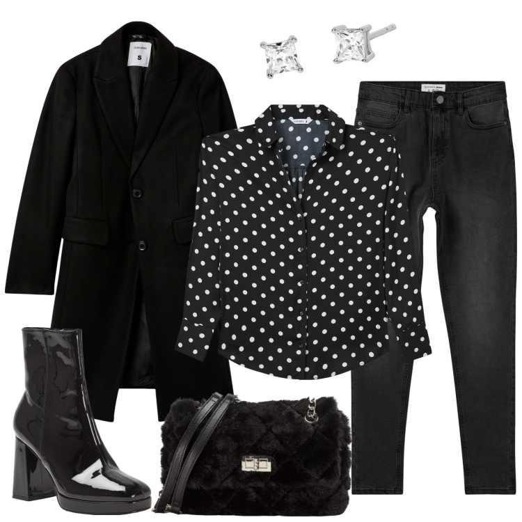 Outfit donna - Pois black and white. Stile Chic per Tutti i giorni. Abbinamento con jeans skinny, camicie, stivaletti, borse a spalla, cappotti, orecchini.