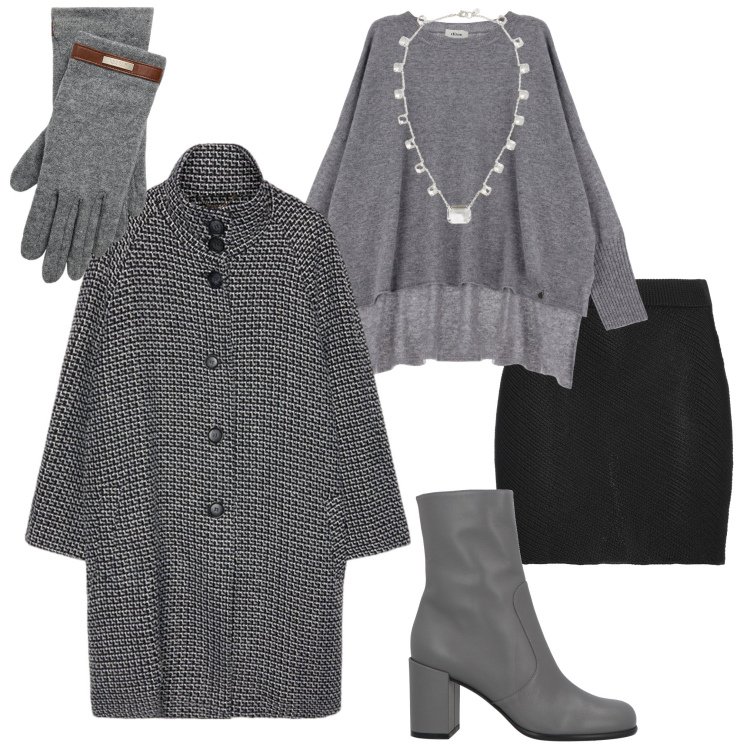 Outfit donna - In ufficio. Stile Casual chic per Ufficio. Abbinamento con minigonne, stivaletti, pullovers, collane, guanti, cappotti.