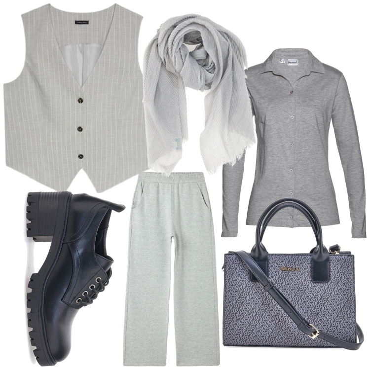 Outfit donna - Grigio chic. Stile Casual chic per Ufficio. Abbinamento con camicie, pantaloni, borse a tracolla, scarpe stringate, foulard, gilet.