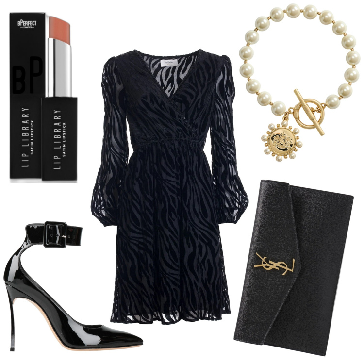 Outfit donna - Pizzo e chic. Stile Chic per Serata fuori. Abbinamento con décolleté, rossetti, vestiti midi/longuette, braccialetti, pochette.