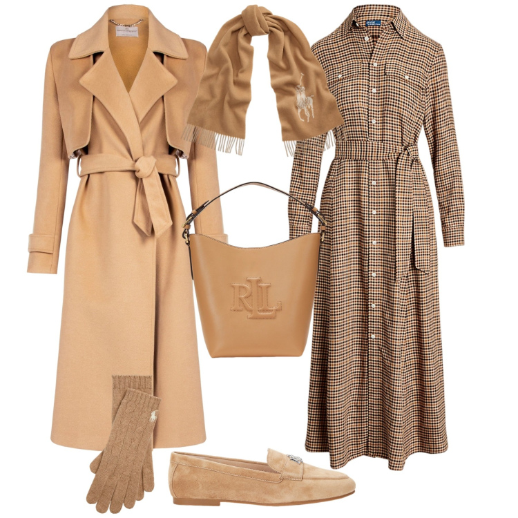 Outfit donna - Total look #2001207. Stile Trendy per Ufficio. Abbinamento con cappotti, mocassini, vestiti, guanti, sciarpe, borse a secchiello.