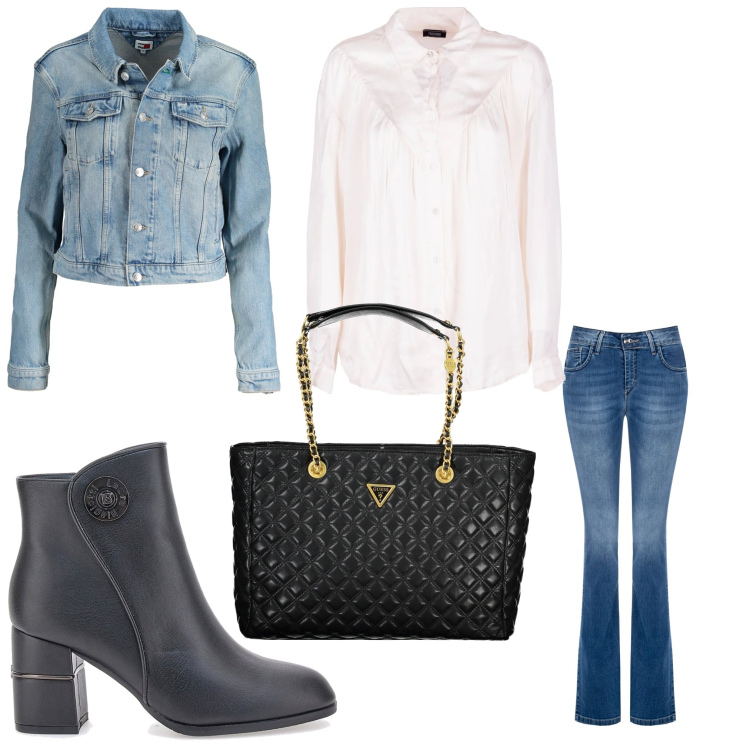 Outfit donna - Denim. Stile Casual chic per Tutti i giorni. Abbinamento con jeans a zampa, camicie, stivaletti, borse a spalla, blazer.