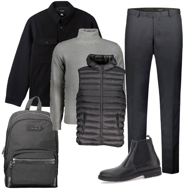 Outfit uomo - Total Gray. Stile Urban per Ufficio. Abbinamento con cappotti, stivali e stivaletti, maglieria, giacche, pantaloni, borse sportive.