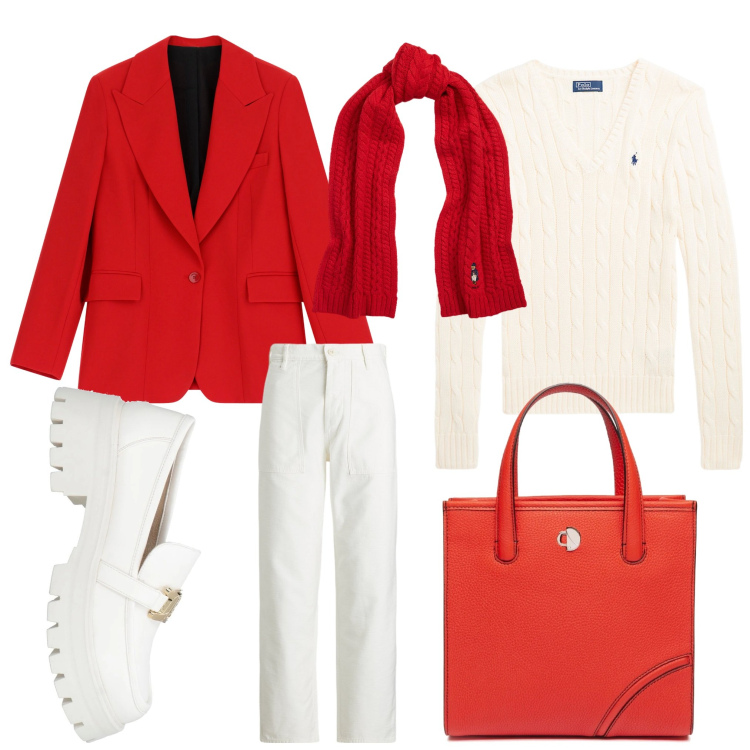 Outfit donna - Biancorosso. Stile Casual chic per Serata fuori. Abbinamento con mocassini, blazer, sciarpe, maglieria, pantaloni, shopping bag.