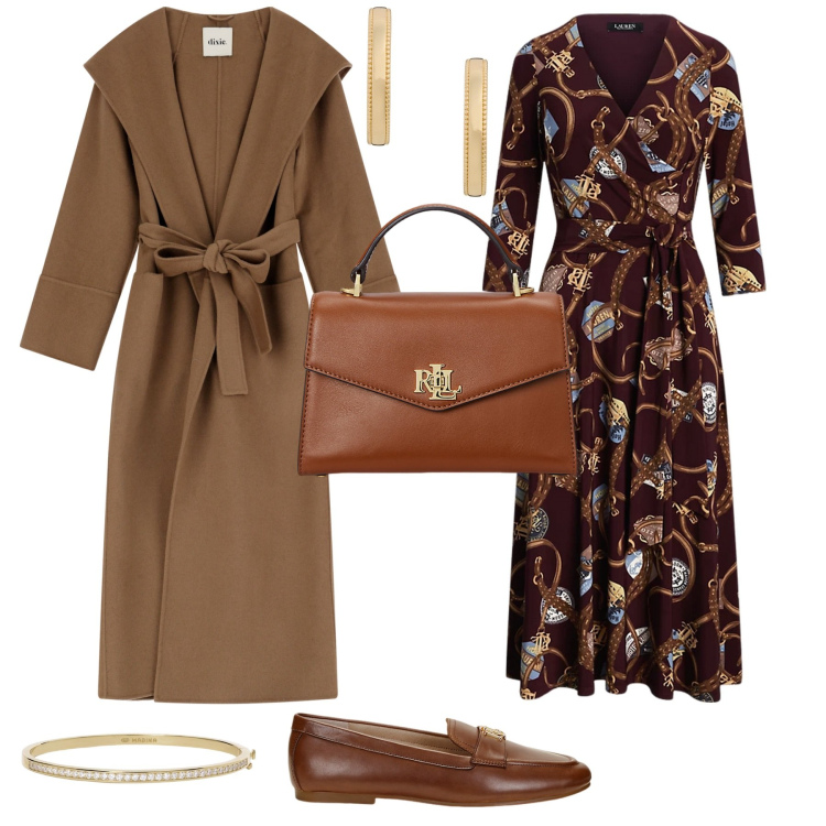 Outfit donna - Total look #2001217. Stile Chic per Ufficio. Abbinamento con braccialetti, cappotti, borse a mano, vestiti, mocassini, orecchini.