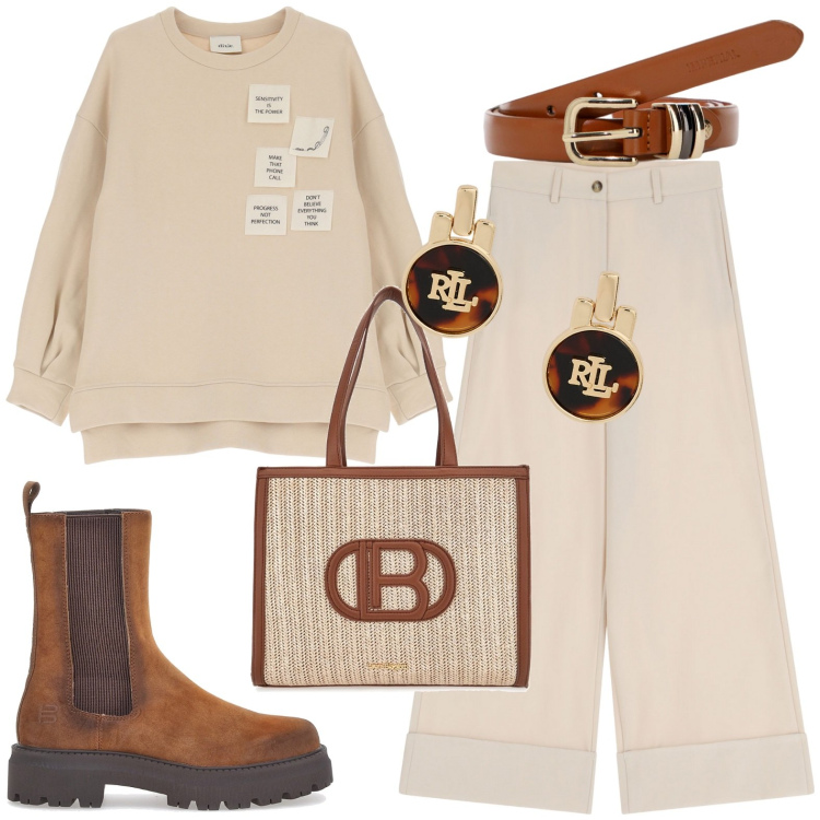 Outfit donna - Total look #2001219. Stile Casual per Tutti i giorni. Abbinamento con cinture, orecchini, felpe, pantaloni, stivaletti chelsea, borse a spalla.