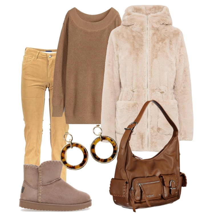 Outfit donna - Giornate invernali. Stile Casual per Tutti i giorni. Abbinamento con ecopellicce, maglieria, orecchini, stivaletti, pantaloni, borse a spalla.