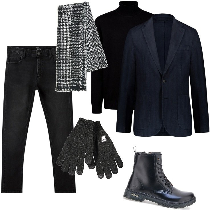 Outfit uomo - Total look #2001221. Stile Urban per Ufficio. Abbinamento con jeans skinny, giacche, guanti, maglieria, sciarpe, anfibi.