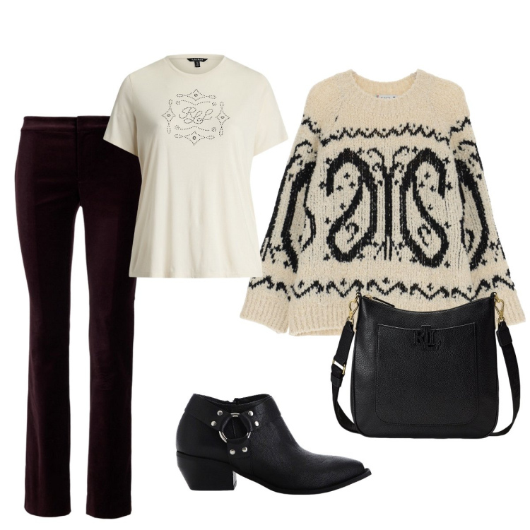 Outfit donna - Sportiva e comoda. Stile Casual chic per Tutti i giorni. Abbinamento con maglieria, stivaletti, borse a tracolla, pantaloni, t-shirt.