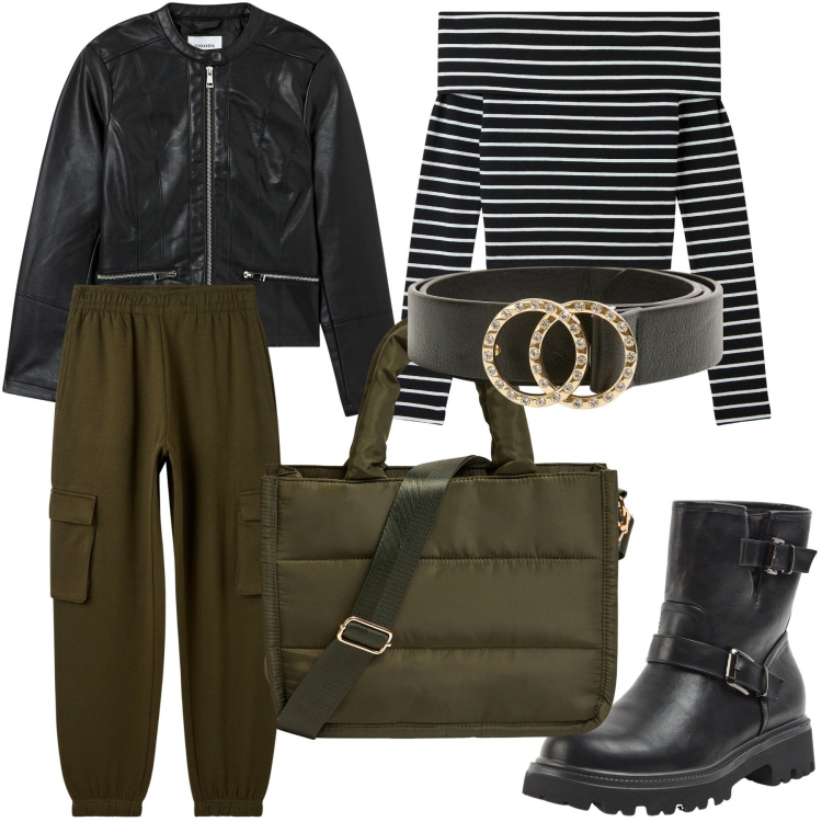 Outfit donna - Non solo easy. Stile Urban per Tutti i giorni. Abbinamento con t-shirt, stivaletti, shopping bag, pantaloni cargo, blazer, cinture.