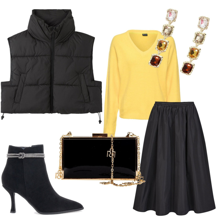 Outfit donna - Serata glam. Stile Chic per Serata fuori. Abbinamento con maglieria, piumini, pochette, orecchini, stivaletti, gonne lunghe.