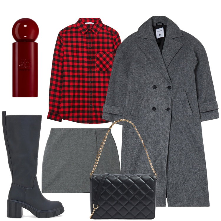 Outfit donna - Il cappottone lungo. Stile Bon Ton per Serata fuori. Abbinamento con profumi, cappotti, camicie, minigonne, borse a tracolla, stivali.
