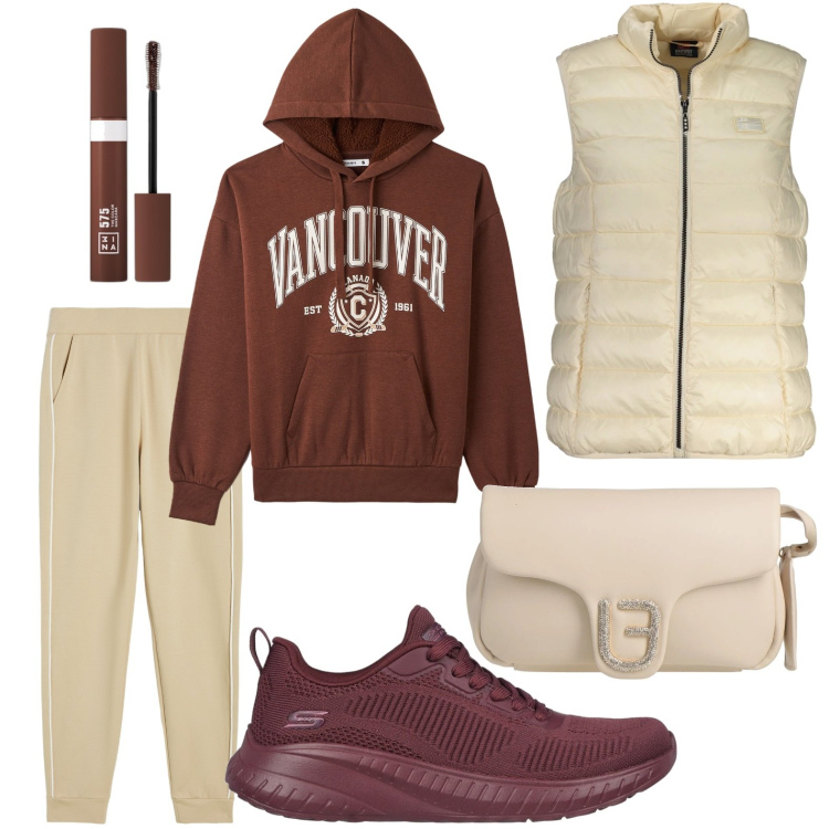 Outfit donna - Sporty chic. Stile Sporty chic per Sport. Abbinamento con borse a mano, mascara, felpe con cappuccio, pantaloni, sneakers, blazer.