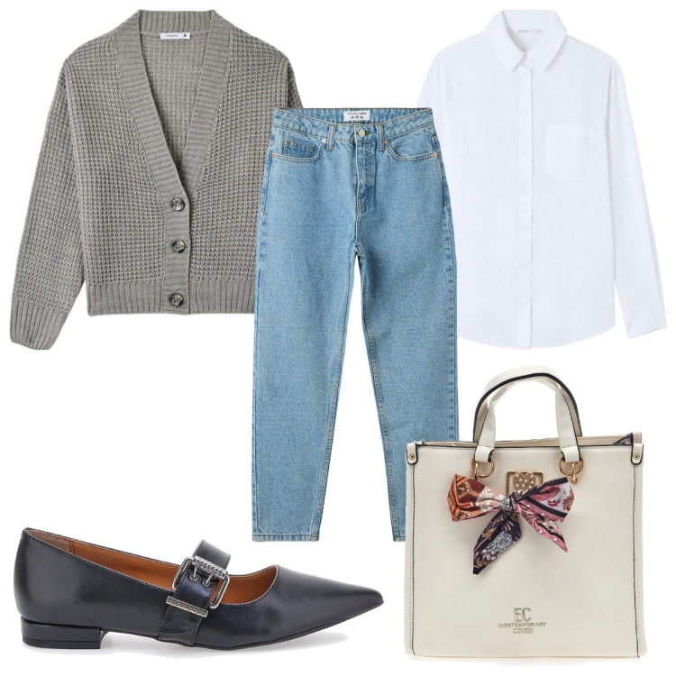 Outfit donna - Total look #2001273. Stile Trendy per Tutti i giorni. Abbinamento con jeans mom, cardigans, camicie, ballerine, borse a mano.
