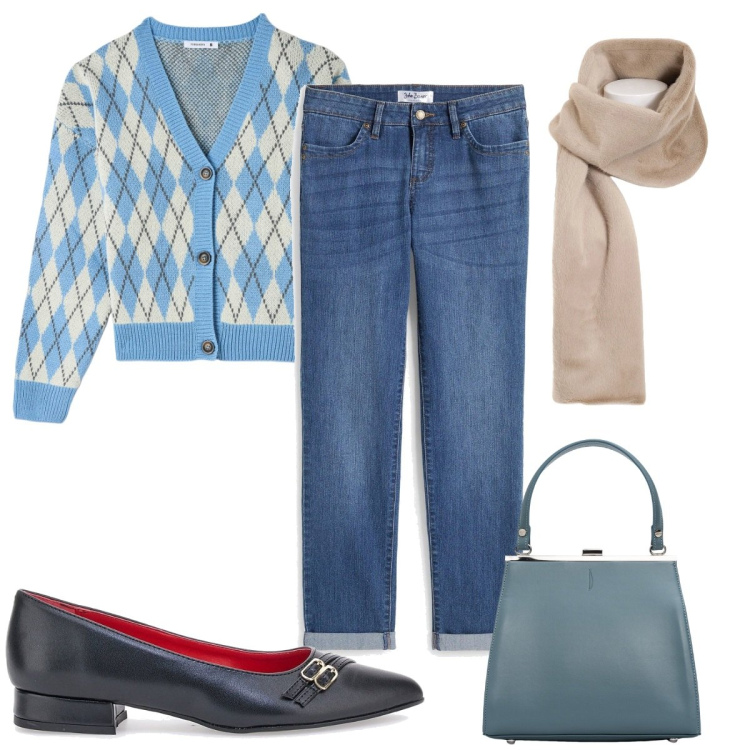 Outfit donna - Total look #2001278. Stile Casual chic per Tutti i giorni. Abbinamento con jeans dritti, cardigans, foulard, ballerine, clutch.