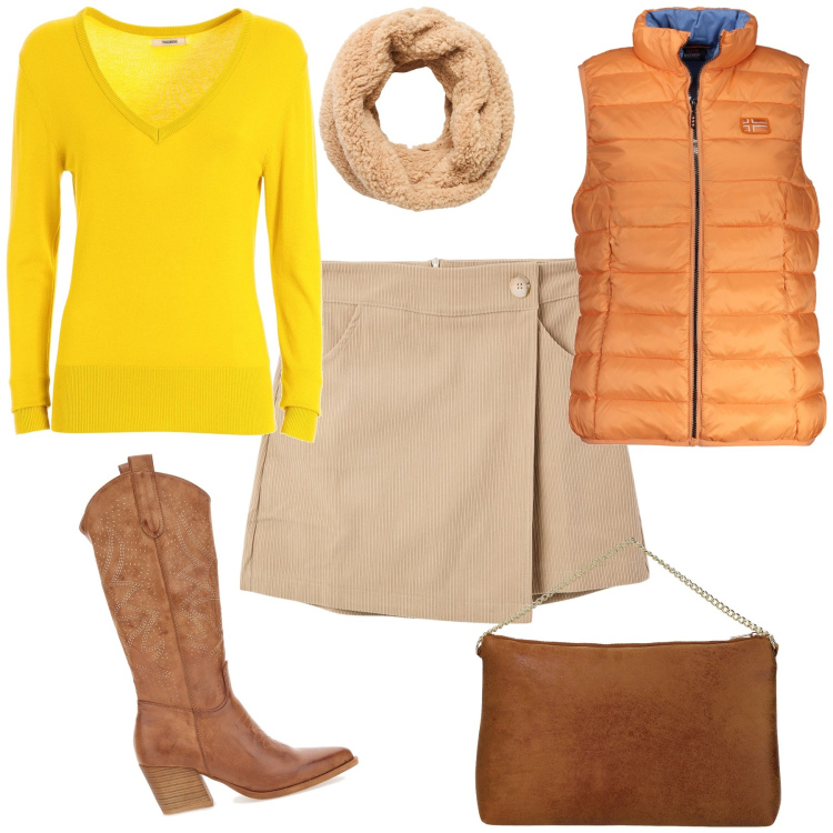 Outfit donna - Total look. Stile Urban per Tutti i giorni. Abbinamento con sciarpe, minigonne, maglieria, pochette, stivali, blazer.