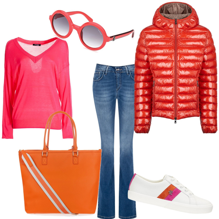 Outfit donna - Jeans skinny a zampa. Stile Trendy per Tutti i giorni. Abbinamento con jeans a zampa, maglieria, borse tote, sneakers, blazer, occhiali da sole.
