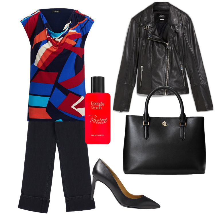 Outfit donna - La blusa astratta. Stile Glamour per Ufficio. Abbinamento con blazer, profumi, jeans, top, décolleté, borse a mano.