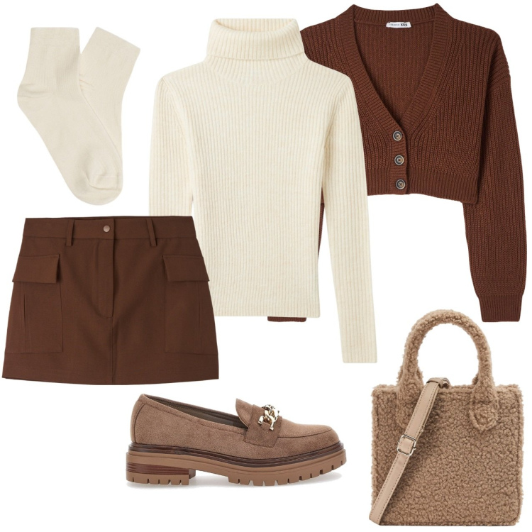 Outfit donna - Mocassini marroni. Stile Glamour per Scuola/Università. Abbinamento con gonne, maglieria, shopping bag, cardigans, collant, mocassini.