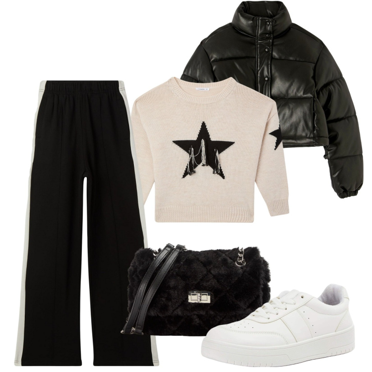 Outfit donna - Total look #2001314. Stile Sporty chic per Scuola/Università. Abbinamento con maglieria, pantaloni, sneakers, piumini, borse a spalla.