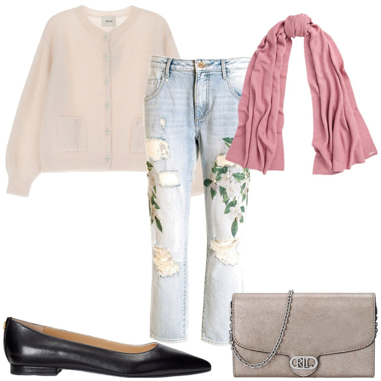 Outfit donna - Total look #2001318. Stile Romantica per Tutti i giorni. Abbinamento con jeans boyfriend, cardigans, ballerine, borse a tracolla, sciarpe.